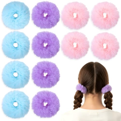 Sibba 12Pcs Fuzzy Scrunchies Faux Rabbit Fur Pom Pom Hair Ties Ponytail Holders Hair Bobbles for Women Braids Wristband - Image 1