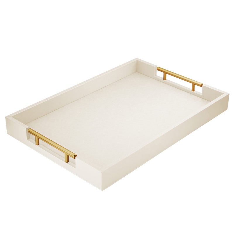 ATZYmolin 17 x 12 Wood Serving Tray with Gold Polished Metal Handles Home Decorative Wooden Rectangle Ottoman Leather Decor Platter Bathroom Vanity Tray for All Occasions White
