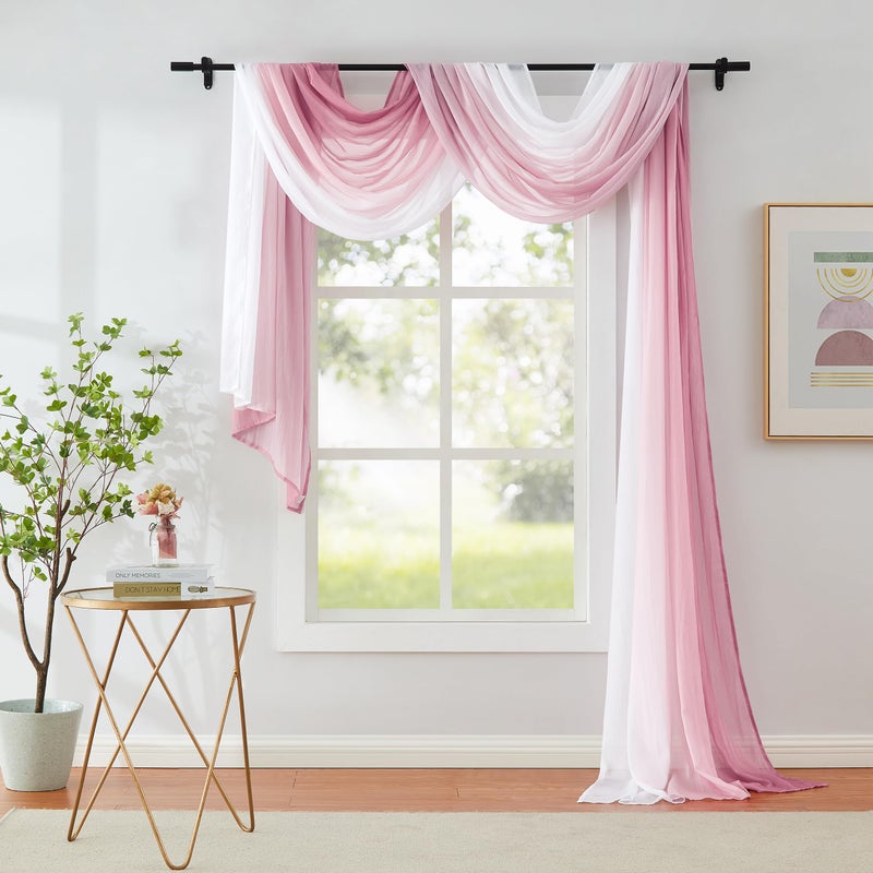 1 Piece Ombre Chiffon Sheer Window Scarf Valance Curtain 18ft for Living Room Girls Bedroom Decor 216 Inch Long Crinkle Soft Window Sheer Voile Valance for Holiday Wedding Party Decor Pink 52W