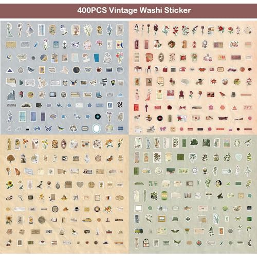 Maxleaf Vintage Washi Sticker Set, 400PCS Floral Retro Nostalgic Ephemera Stickers for Scrapbooking Journaling DIY Crafts Planner Diary Album Handmade Work Journal Envelope Gift Wrapping - Image 3