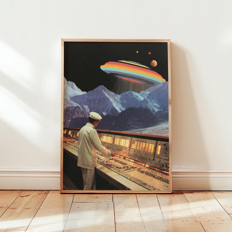 TNESSENTIAL Retro Sci-Fi Collage Poster, Rainbow UFO, Vintage Control Room - Image 1