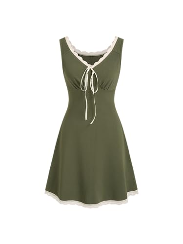 CIDER Women's Floral Mini Dress Fruit Sleeveless V Neck Lace Trim Sun Dress A Line Cute Summer Dresses Beach Vacation Outfits Olive Green - Image 1