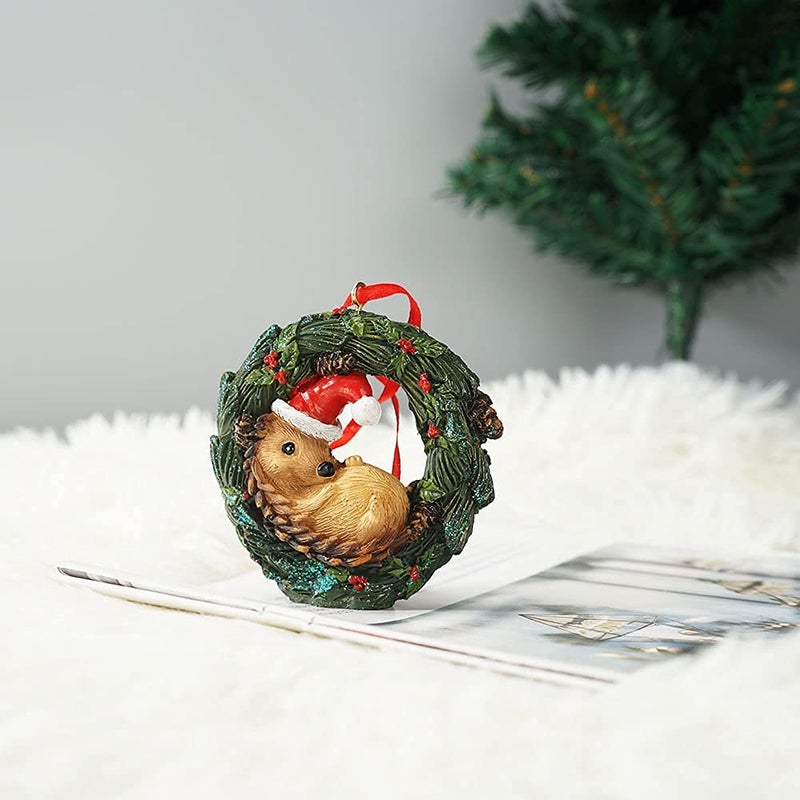 HYFAN Christmas Small Animal Wreath Swing Ornament Hanging Decor for Xmas Tree Home Office Room Decoration with String (New  Hedgehog) - Image 4