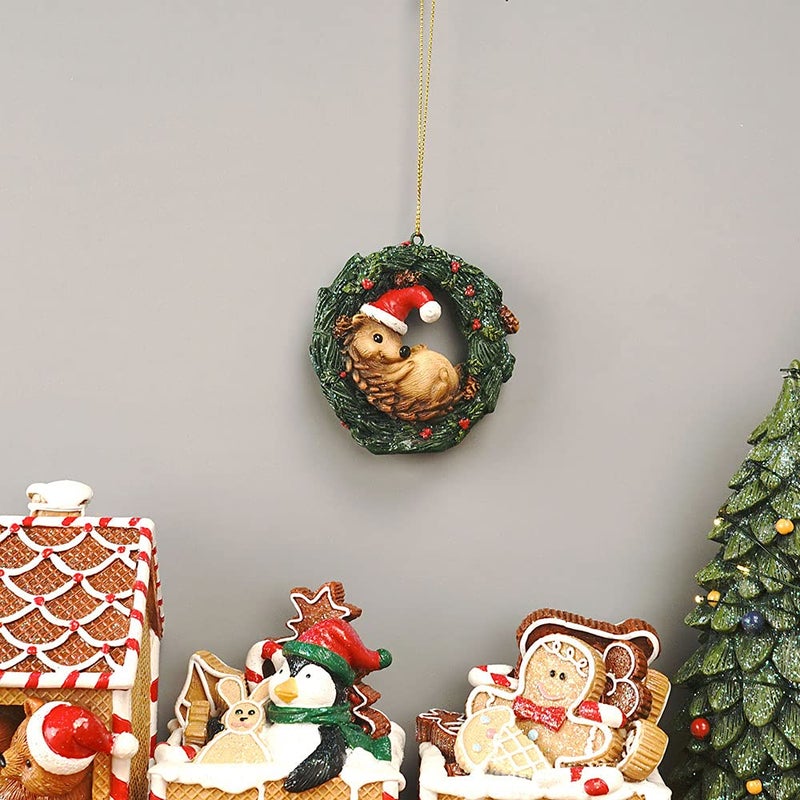 HYFAN Christmas Small Animal Wreath Swing Ornament Hanging Decor for Xmas Tree Home Office Room Decoration with String (New  Hedgehog) - Image 3