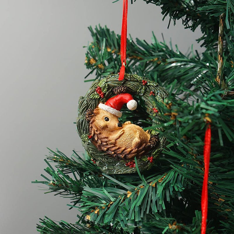HYFAN Christmas Small Animal Wreath Swing Ornament Hanging Decor for Xmas Tree Home Office Room Decoration with String (New  Hedgehog) - Image 2