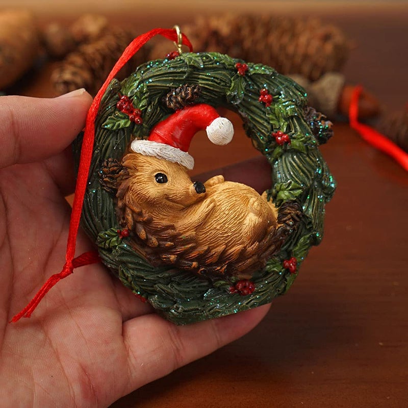 HYFAN Christmas Small Animal Wreath Swing Ornament Hanging Decor for Xmas Tree Home Office Room Decoration with String (New  Hedgehog) - Image 5