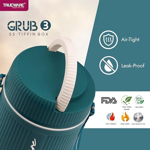 Trueware GRUB 3 Double Wall Insulated Hot Lunch Box with 3 SS Container 300 ML Each | Bpa Free | Food Grade | Hot and Fresh Many Hours (Blue) - Image 5