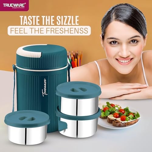 Trueware GRUB 3 Double Wall Insulated Hot Lunch Box with 3 SS Container 300 ML Each | Bpa Free | Food Grade | Hot and Fresh Many Hours (Blue) - Image 2