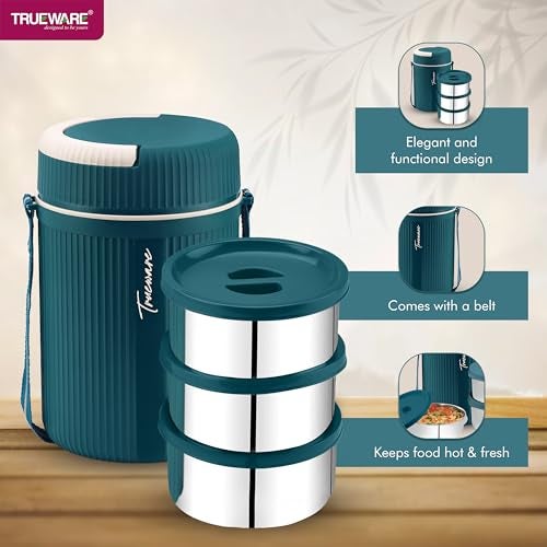 Trueware GRUB 3 Double Wall Insulated Hot Lunch Box with 3 SS Container 300 ML Each | Bpa Free | Food Grade | Hot and Fresh Many Hours (Blue) - Image 4