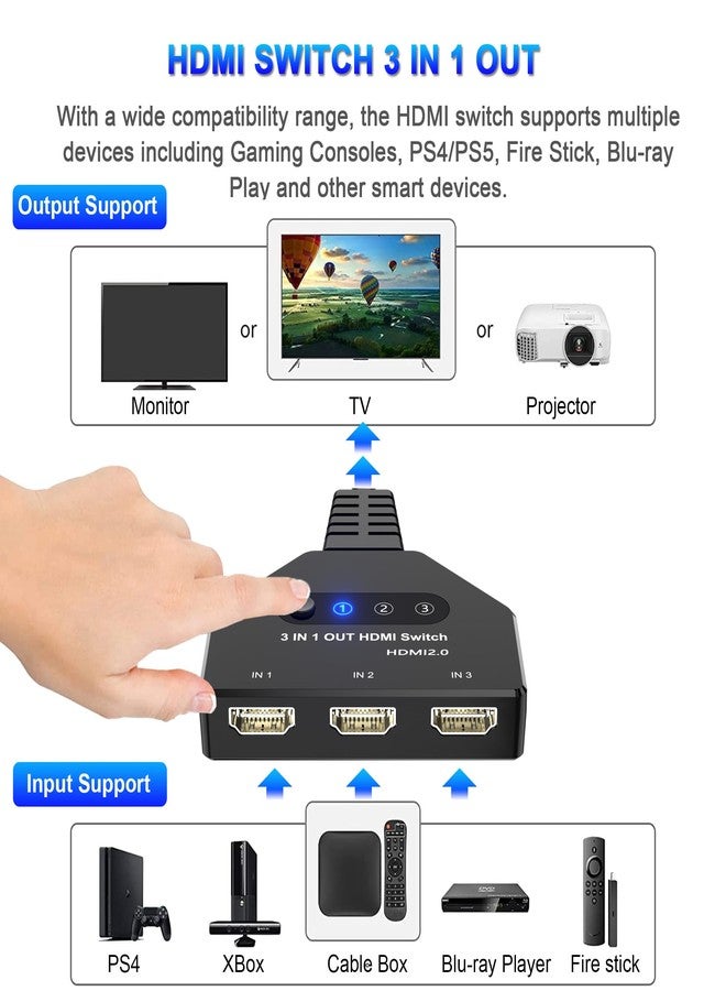 موزع HDMI ثلاثي المنافذ (3 مداخل ومخرج واحد)، يدعم دقة 4K بمعدل 60 هرتز، يدعم تقنية HDCP2.2 الكاملة ودقة 1080P ثلاثية الأبعاد، متوافق مع أجهزة Xbox/Roku/Stick/HDTV/PS4/PS5/Mac/Win/Linux - Image 3