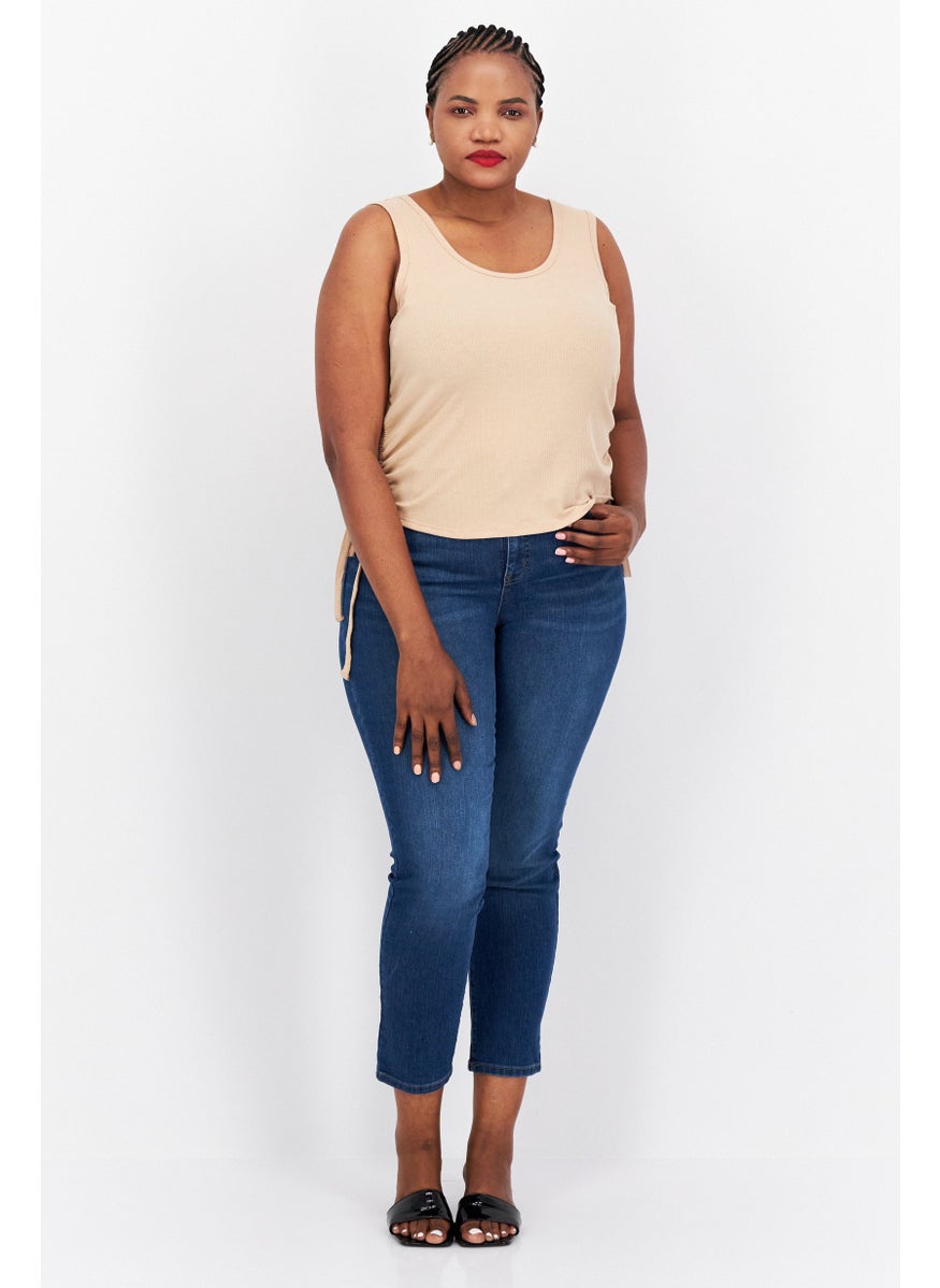 Love Fire - Women Plus Size Round Neck Sleeveless Plain Tank Top, Beige - Image 1