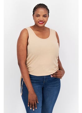 Love Fire Women Plus Size Round Neck Sleeveless Plain Tank Top, Beige  - Image 1
