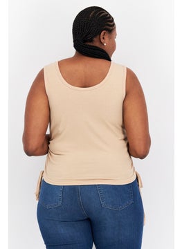 Love Fire Women Plus Size Round Neck Sleeveless Plain Tank Top, Beige  - Image 3