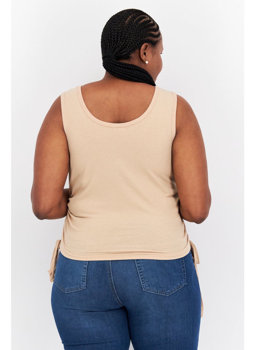 Love Fire - Women Plus Size Round Neck Sleeveless Plain Tank Top, Beige - Image 1