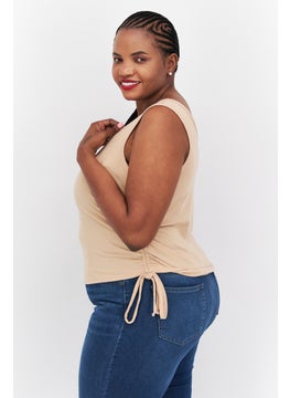 Love Fire Women Plus Size Round Neck Sleeveless Plain Tank Top, Beige  - Image 2