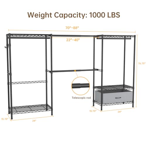 Golpart Coat Rack Clothes Wardrobe：Closet Organizer and Storage Clothing Garment Rack with Shelves Heavy Duty for Hanging Clothes Portable Adjustable Black 15.8" DX69 WX76.5 H - Image 4