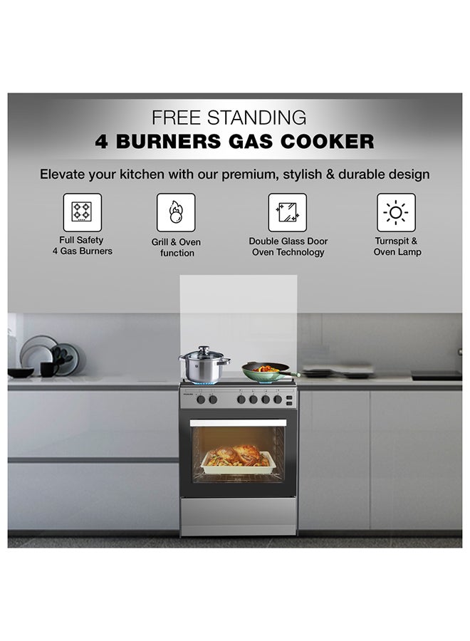 NIKAI 60x55cm 4 Burner FreestAnding Gas Cooker With FFD, Double Glass Oven, Button Ignition, Turnspit, Tray And Grid, Stylish SS Top, Inox Grey Body, Ideal For Home And Kitchen Made in Turkey U6062FS/U6064FSA Silver - Image 2