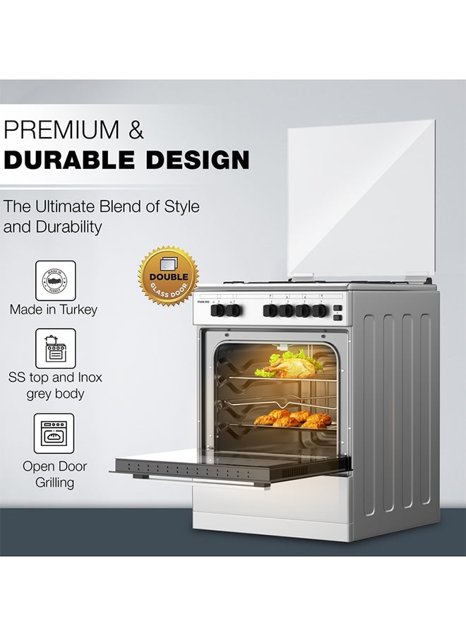 NIKAI 60x55cm 4 Burner FreestAnding Gas Cooker With FFD, Double Glass Oven, Button Ignition, Turnspit, Tray And Grid, Stylish SS Top, Inox Grey Body, Ideal For Home And Kitchen Made in Turkey U6062FS/U6064FSA Silver - Image 3