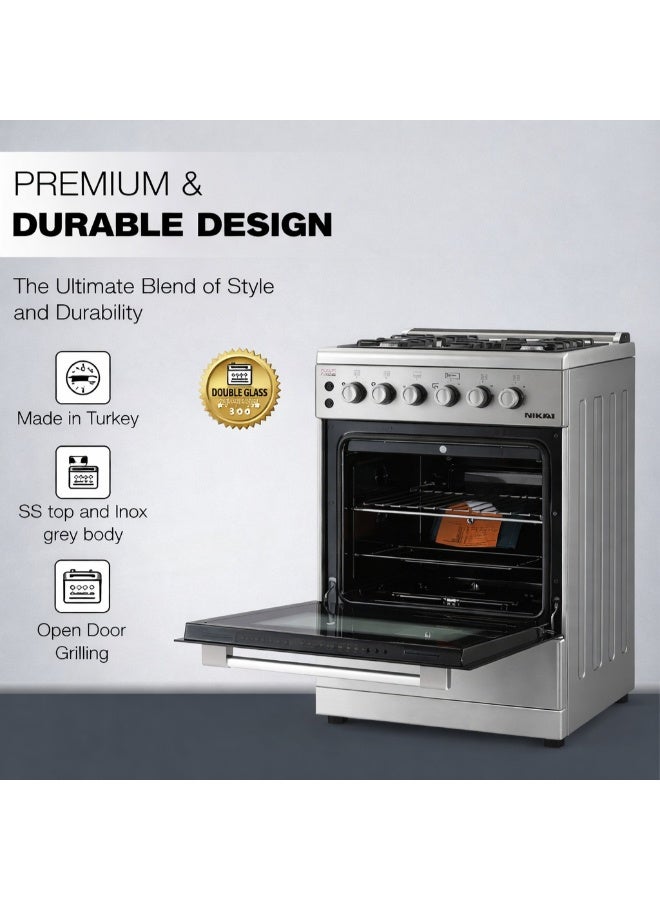 NIKAI 60x60cm Gas Cooker with 4 Burners |Heavy-Duty Cast-Iron Pan Support |Closed Door Grilling with Separate Knob for Oven & Grill | Automatic Ignition & Full Safety, Best Cooking Range for Home & Kitchen U6064FSA/6062 Silver/Black U6062FS/U6064FSA Silver - Image 2