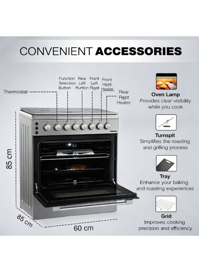 NIKAI 60x60cm Gas Cooker with 4 Burners |Heavy-Duty Cast-Iron Pan Support |Closed Door Grilling with Separate Knob for Oven & Grill | Automatic Ignition & Full Safety, Best Cooking Range for Home & Kitchen U6064FSA/6062 Silver/Black U6062FS/U6064FSA Silver - Image 3