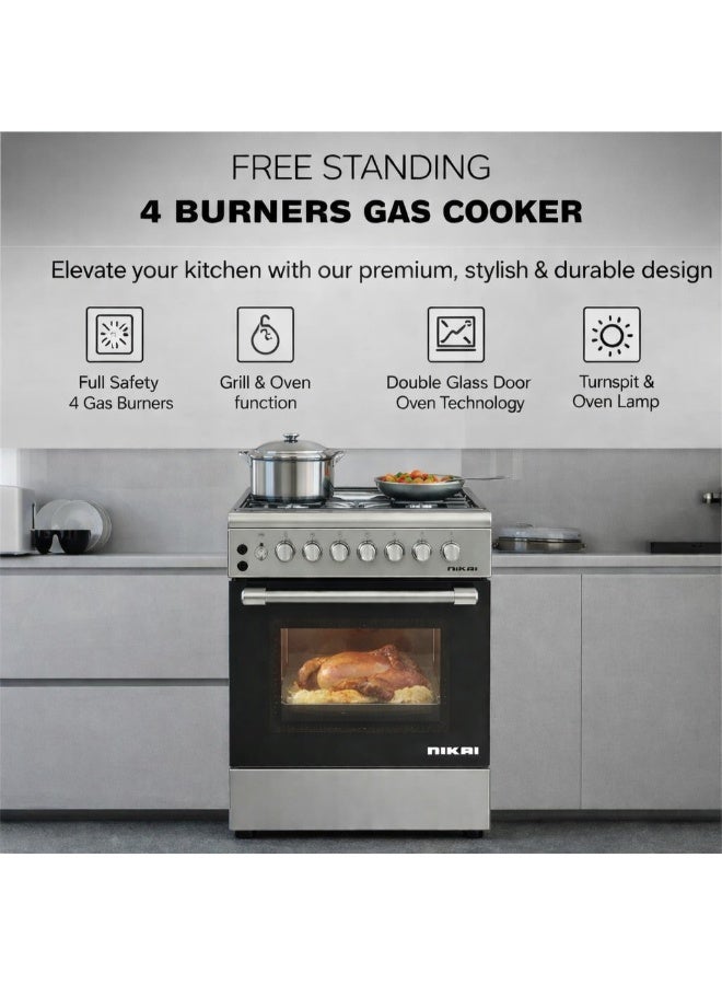 NIKAI 60x60cm Gas Cooker with 4 Burners |Heavy-Duty Cast-Iron Pan Support |Closed Door Grilling with Separate Knob for Oven & Grill | Automatic Ignition & Full Safety, Best Cooking Range for Home & Kitchen U6064FSA/6062 Silver/Black U6062FS/U6064FSA Silver - Image 4