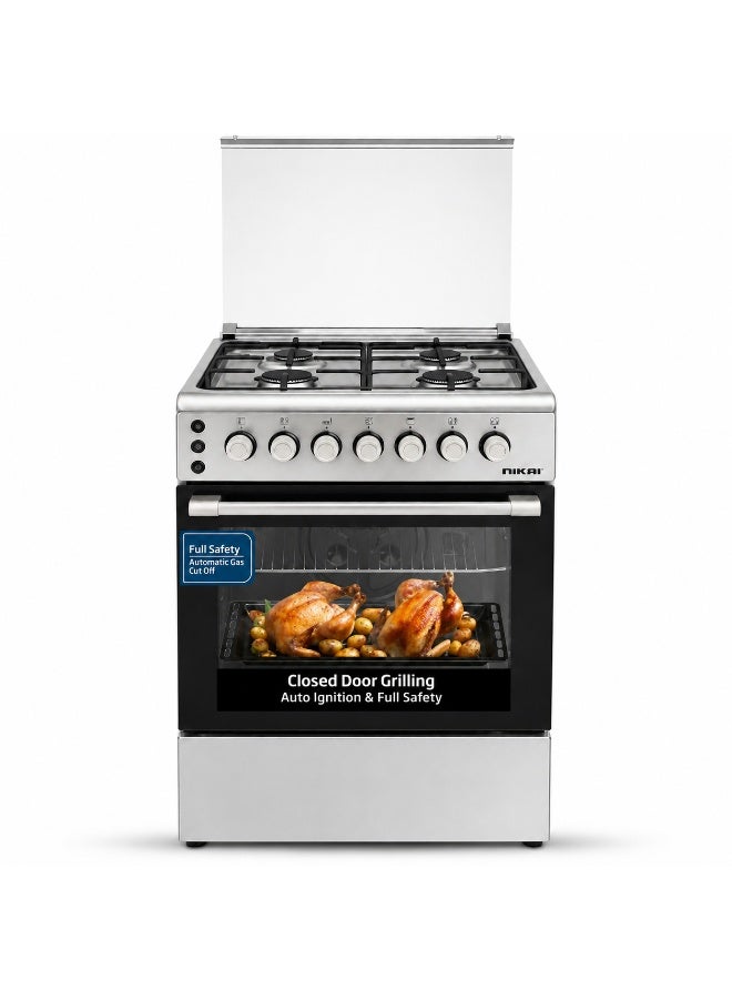 NIKAI 60x60cm Gas Cooker with 4 Burners |Heavy-Duty Cast-Iron Pan Support |Closed Door Grilling with Separate Knob for Oven & Grill | Automatic Ignition & Full Safety, Best Cooking Range for Home & Kitchen U6064FSA/6062 Silver/Black U6062FS/U6064FSA Silver - Image 1