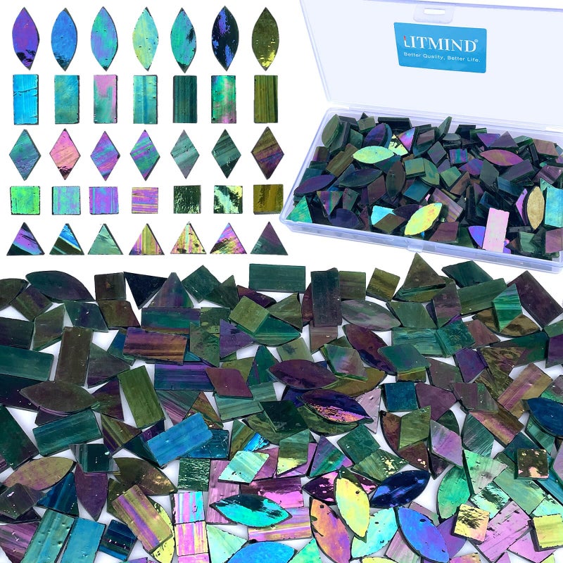 LITMIND Dark Green Iridescent Stained Glass Mosaic Tiles for Crafts 240 Pieces 5 Shapes Mixed Rectangle Triangle Rhombus Square Leaf Ideal for Mosaic Making Projects