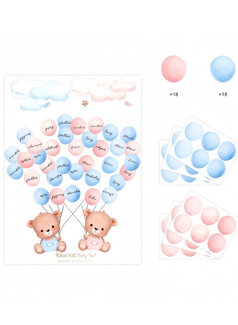 عالم البالونات 、لوحة تحديد جنس المولود مع ملصقات، لعبة تخمين جنس المولود باللونين الوردي والأزرق، 36 ملصقًا للتصويت (أولاد وبنات)، لعبة التصويت للضيوف، مناسبة لحفلات استقبال المولود. - Image 2