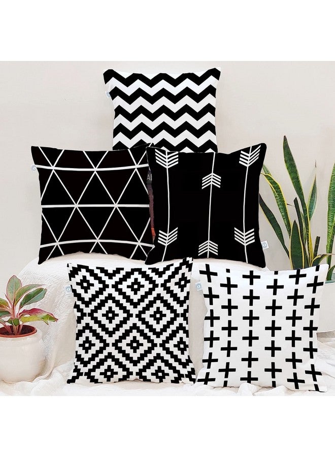 STITCHNEST مجموعة STITCHNEST من 5 أغطية وسائد بولي قطن - 18x18 بوصة - طباعة هندسية باللونين الأسود والأبيض - أغطية وسائد عصرية للكنبة وديكور غرفة المعيشة - Image 1