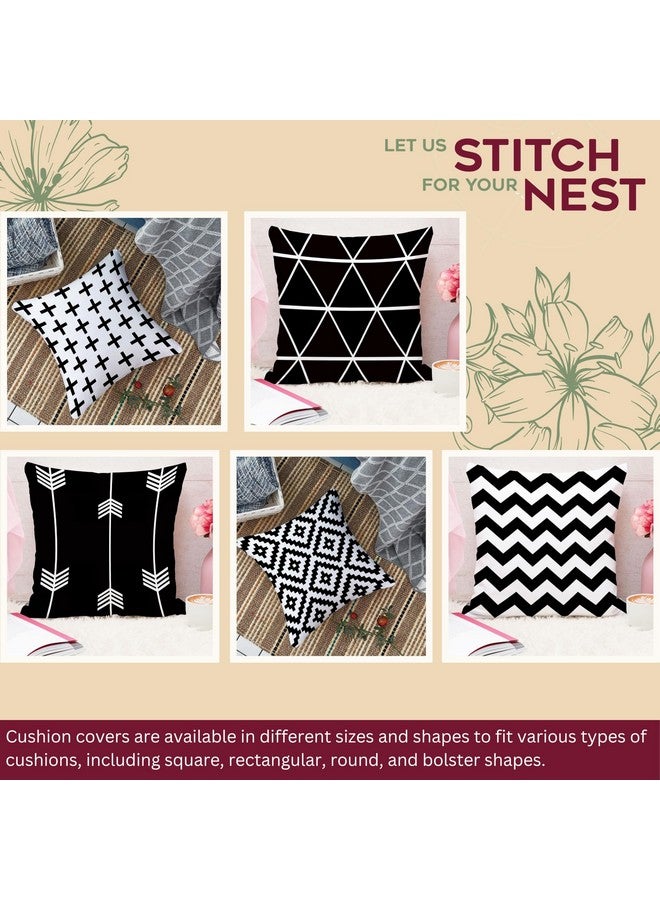 STITCHNEST مجموعة STITCHNEST من 5 أغطية وسائد بولي قطن - 18x18 بوصة - طباعة هندسية باللونين الأسود والأبيض - أغطية وسائد عصرية للكنبة وديكور غرفة المعيشة - Image 2