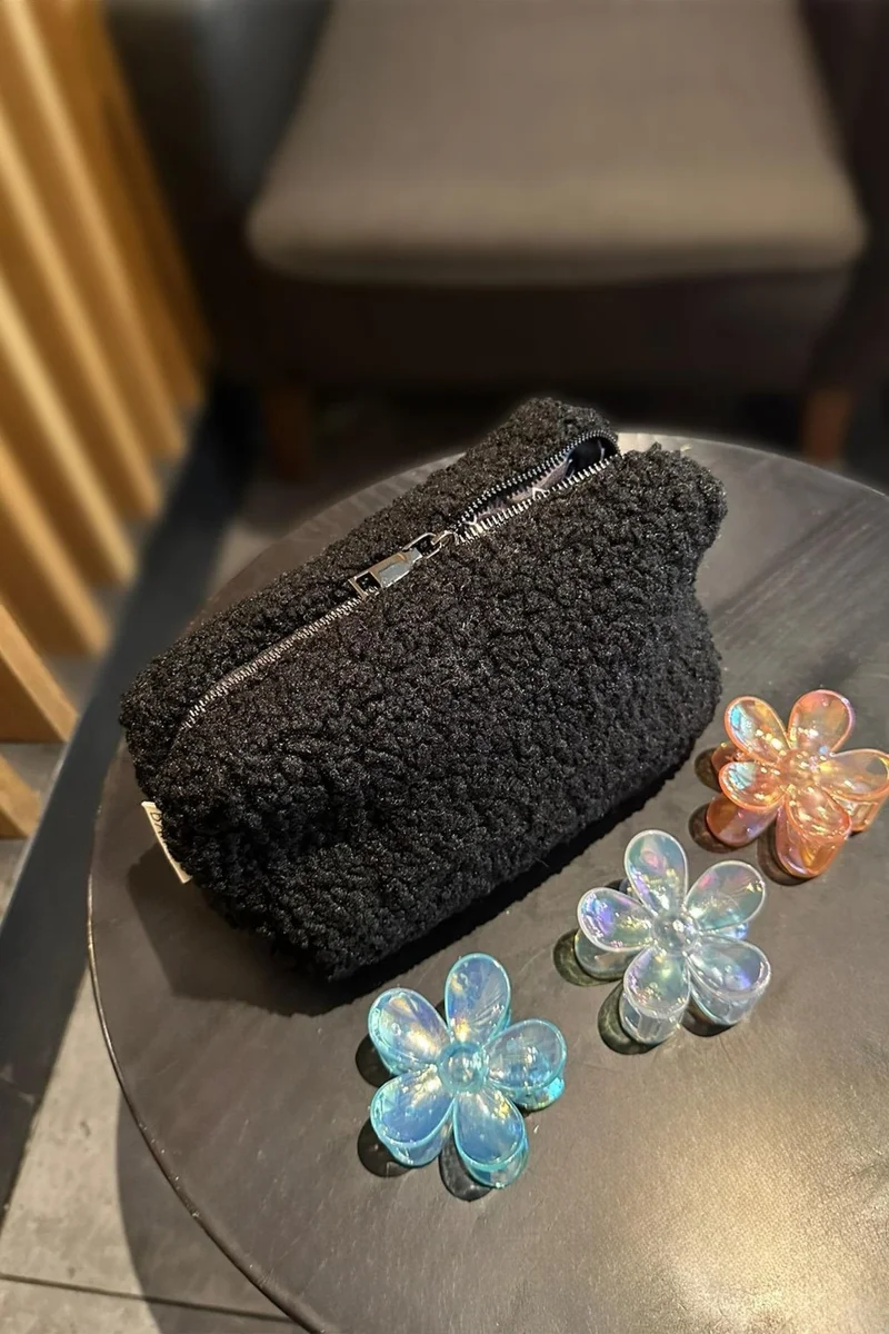 Bahels Teddy Plush Black Large Size Makeup Bag Travel Bag