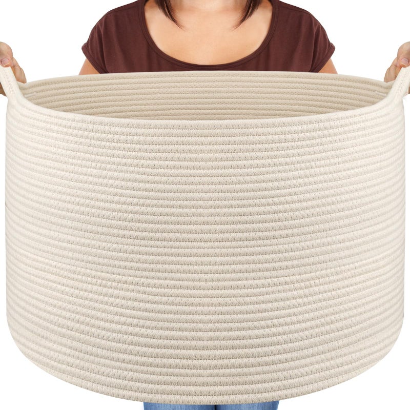 Maliton Extra Large Blanket Basket Big Woven Cotton Rope Bin for Toys Towels Pillow Basket with Handles 22 x 22 x 14 Nursery Laundry Hamper White Large Storage
