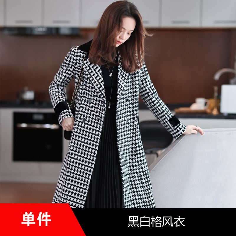 Long Sleeve Autumn and Winter Houndstooth Fashionable Elegant White-collar Work Clothes Internet Celebrity Fried Street Slimming Womens Coat Coat Black and White Gered Windbreaker 