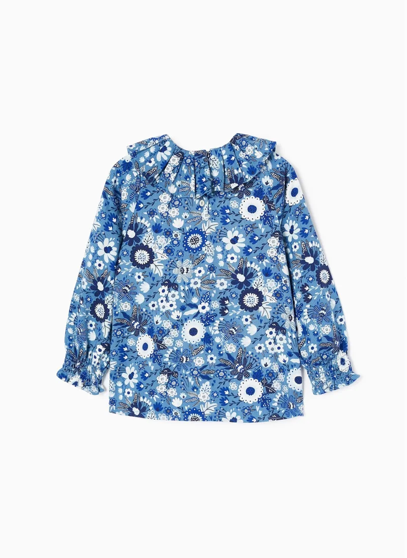 Zippy Cotton Blouse with Floral Motif for Girls, Blue/White