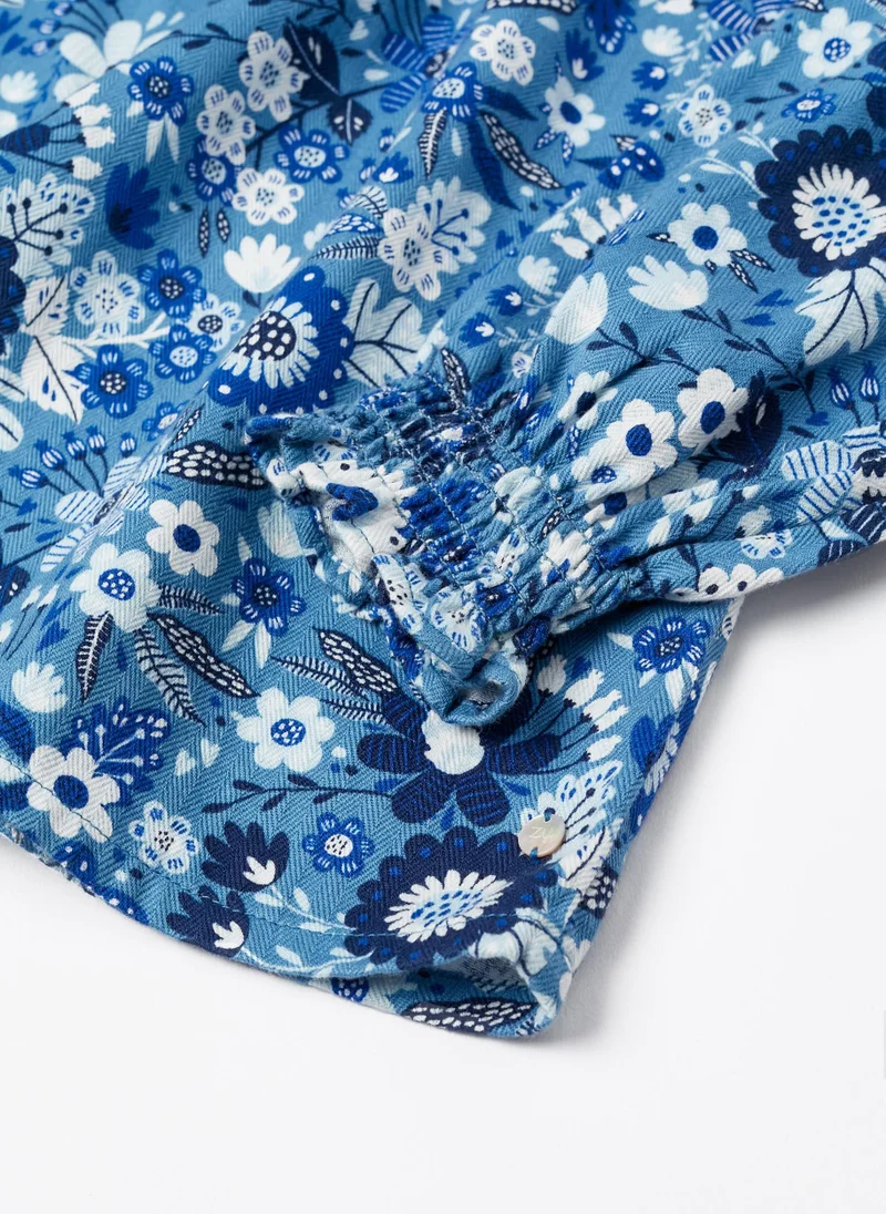 زيبي Cotton Blouse with Floral Motif for Girls, Blue/White