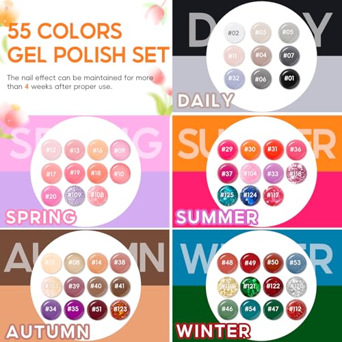 COSCELIA 60 PCS Gel Nail Polish Set 55 Colors Gel Nail Polish with 5pcs Top Base Coat All Seasons Nail Polish Kit Spring Summer Full Colors Manicure Nail Art Gifts for Women Girls - Image 3