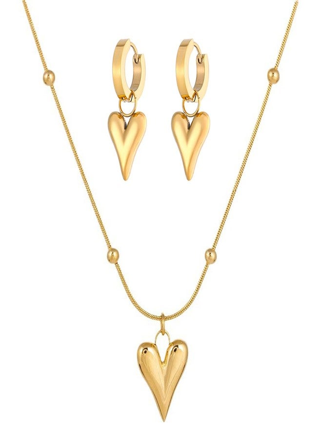 Jemant Chunky Heart Necklace For Women 14k Gold Plated Stainless Steel Snake Bone Bead Chain Trendy Heart Shape Hoops Earrings Dangling Hypoallergenic Non Tarnish Set Valentines Day Jewelry Gift For Her (Gold) - Image 1