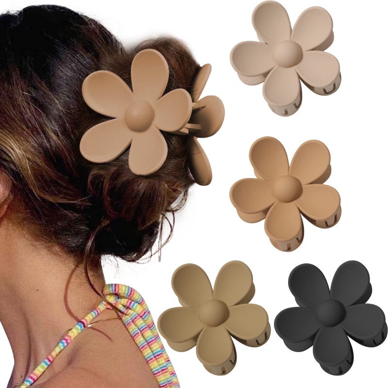AWAYTR Cute Hair Claw Clips Set - 4Pcs Nonslip Strong Hold 3 Inch Matte Small Flower Clips for Women and Girls (Beige, Khaki, Brown, Black) - Image 1
