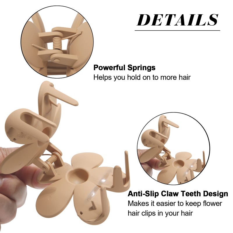 AWAYTR Cute Hair Claw Clips Set - 4Pcs Nonslip Strong Hold 3 Inch Matte Small Flower Clips for Women and Girls (Beige, Khaki, Brown, Black) - Image 4