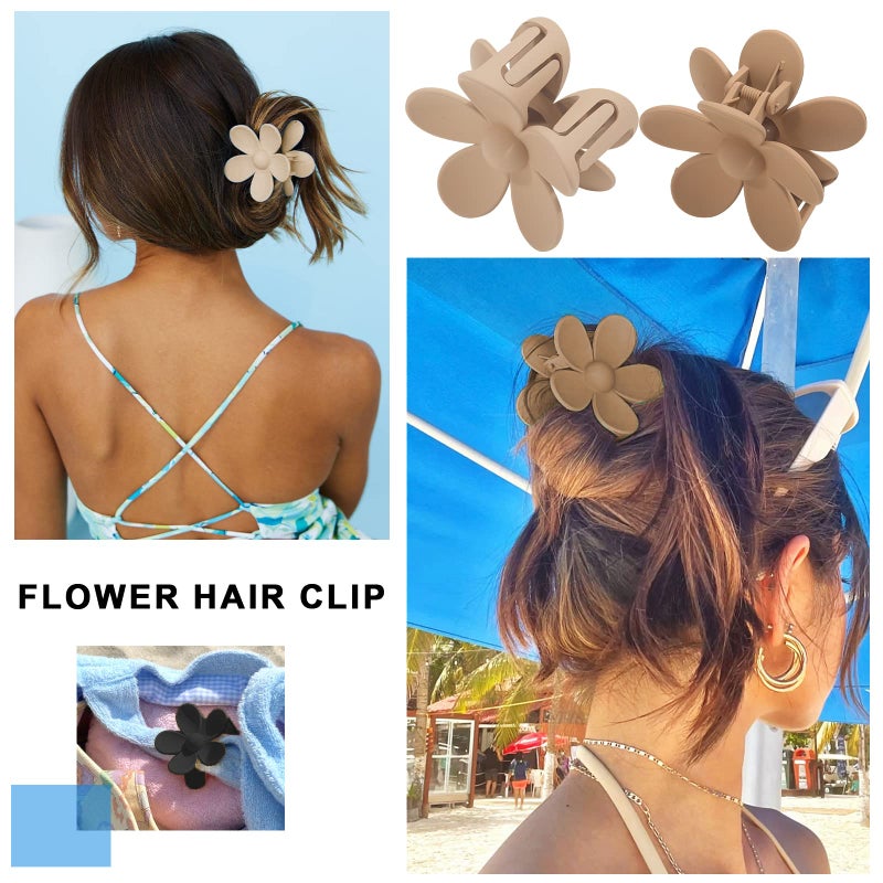 AWAYTR Cute Hair Claw Clips Set - 4Pcs Nonslip Strong Hold 3 Inch Matte Small Flower Clips for Women and Girls (Beige, Khaki, Brown, Black) - Image 2