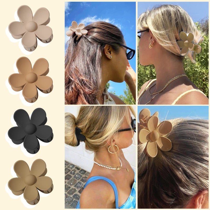 AWAYTR Cute Hair Claw Clips Set - 4Pcs Nonslip Strong Hold 3 Inch Matte Small Flower Clips for Women and Girls (Beige, Khaki, Brown, Black) - Image 3
