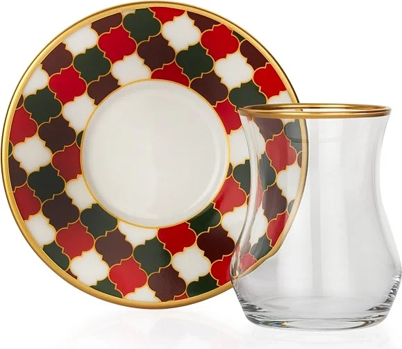 شافر Yonca Tea Set for 6 Persons 12 Pieces - Red