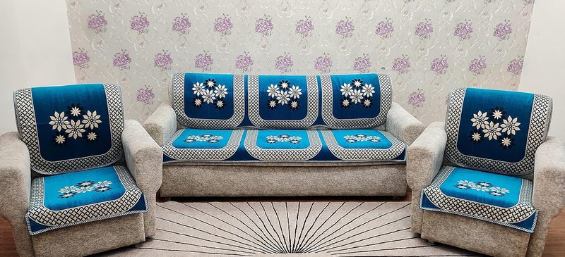 KREEVA Velvet Chenille Sofa Cover for 5 Seater 311 Sofa Tohfa Aqua_1 6 Piece Set Sofa Slipcovers - Image 2