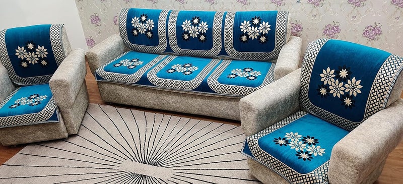 KREEVA Velvet Chenille Sofa Cover for 5 Seater 311 Sofa Tohfa Aqua_1 6 Piece Set Sofa Slipcovers - Image 4