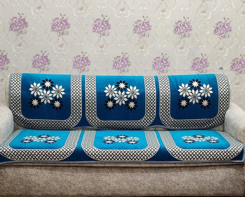 KREEVA Velvet Chenille Sofa Cover for 5 Seater 311 Sofa Tohfa Aqua_1 6 Piece Set Sofa Slipcovers - Image 3