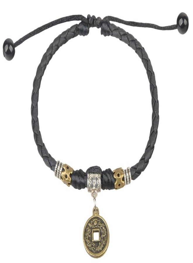 Vintage Coin Pendant Braided Leather Anklet for Men Women, Adjustable 9” Black Cord Bracelet