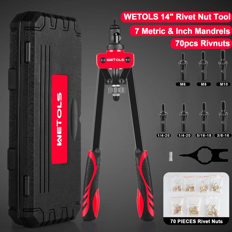 WETOLS طقم أدوات ريفيت نوت من WETOLS، أداة ريفنوت بطول 14 بوصة مع 7 ماندرلات مترية و SAE، ريفتر يدوي احترافي مع طقم تنوع 70 قطعة من ريفنوت، مسدس ريفيت نوت يدوي مع حقيبة BMC متينة - Image 2