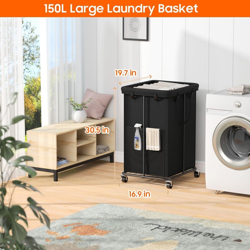 Olldide 150L Laundry Hamper with Wheels, Rolling Laundry Basket with Metal Frame and Removable Bag, Large & Tall Dirty Clothes Hampers for Bedroom Aesthetic, Laundry Room, Bathroom, Dorm-Black - Image 2