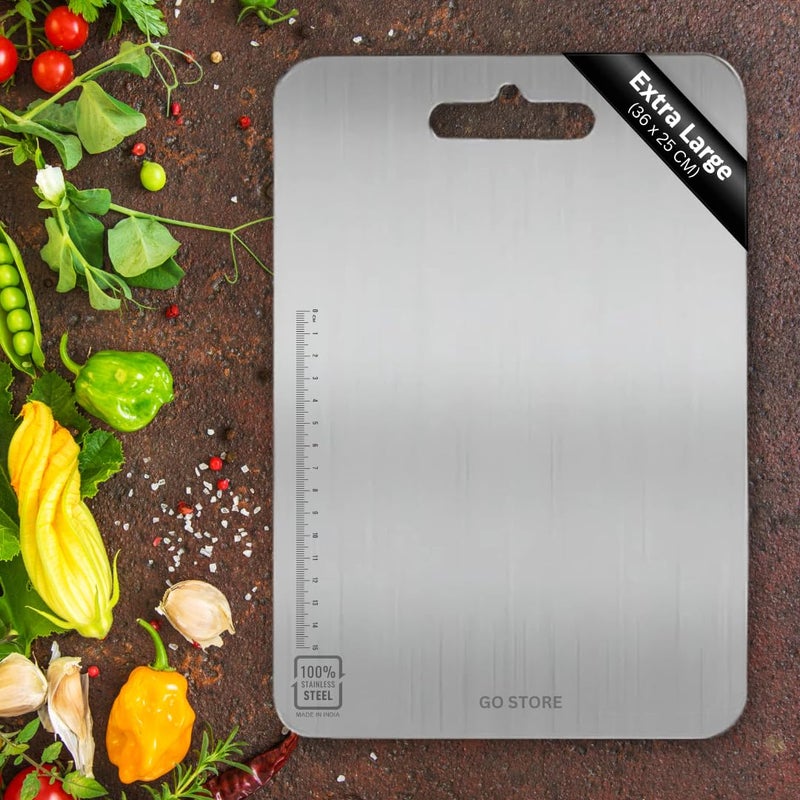 GO Store Premium Stainless Steel Chopping Board for Kitche Large Size Heavy-Duty Cutting Board for Vegetables, Fruits Cutter, Meats, Vegetable Chopper Boards, Metal Chopping Board (36 CM X 25 CM) - Image 1