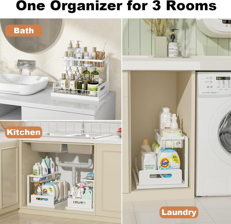 REALINN Under Sink Organizer, Pull Out Cabinet Organizer 2 Tier Slide Out Sink Shelf Cabinet Storage Shelves, Under Sink Storage for Kitchen Bathroom Cabinet, White, 1 Pack - Image 2